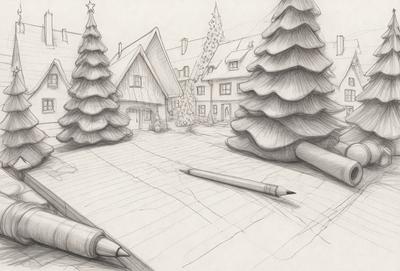 The primary subject of the image is a drawing of a house with a pencil and a pen. The setting is a snowy landscape, and the visual style is a hand-drawn illustration. The colors and mood of the image are predominantly white and cold, giving the scene a wintry atmosphere.